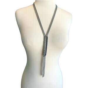 Stella & Dot Tessa Fringe Necklace Lariat Silvertone Blue Steel Chain